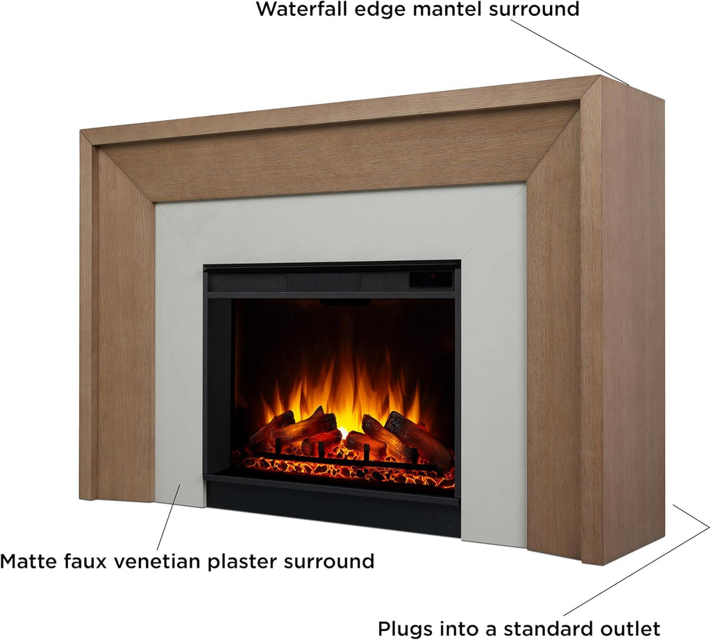 Real Flame Brooks 64” Grand Electric Fireplace with Mantel for Living Room or Bedroom, Replaceable Fireplace Insert Heater, Realistic Log and Flame Effect, Remote Control, Timer (Classic White Oak).