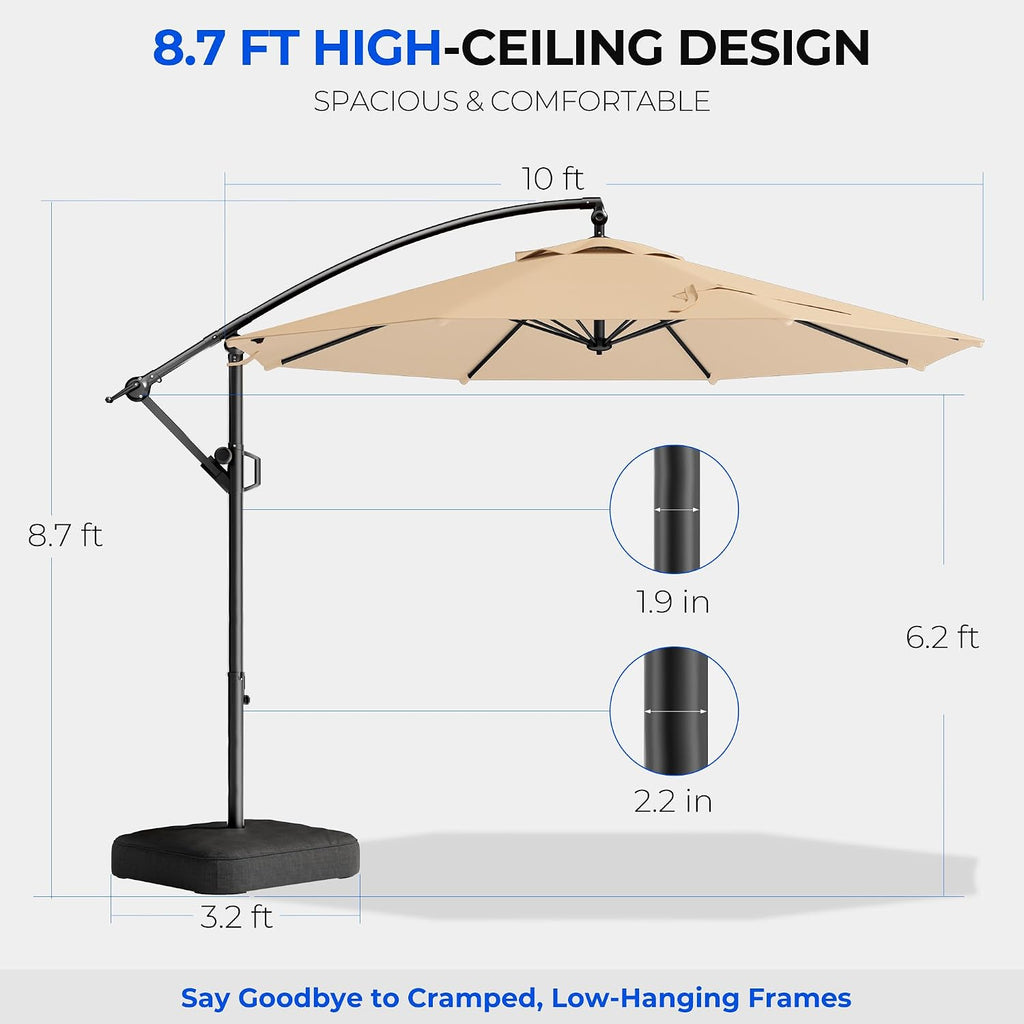 HOMSHADE 10ft Cantilever Patio Umbrella with Base Included, 30 MPH Wind-Resistant Offset Outdoor Hanging Umbrella with 45 Degree Infinite Tilt and Smooth Crank, 260gsm Solution-Dyed 8-Year Fade-Resistant Canopy for Backyard Pool Deck, Beige