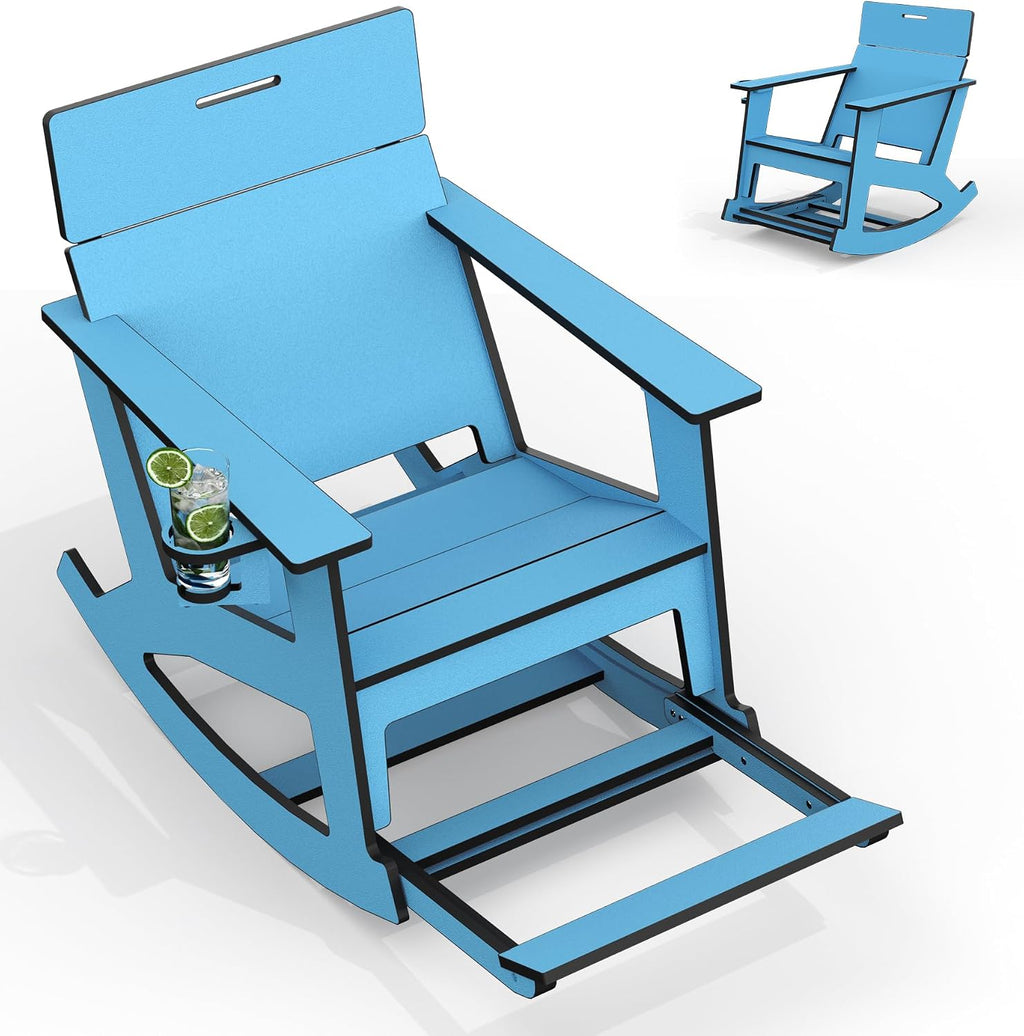 Ciokea Outdoor Rocking Chair with Pull-Out Footrest, Solid Backrest, Blue