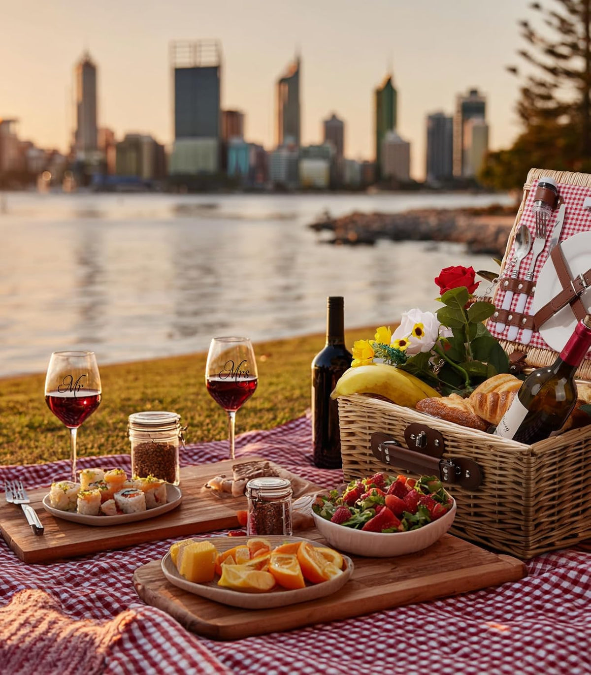 Picnic Basket for 2 with Lid and Handle Waterproof Picnic Blanket