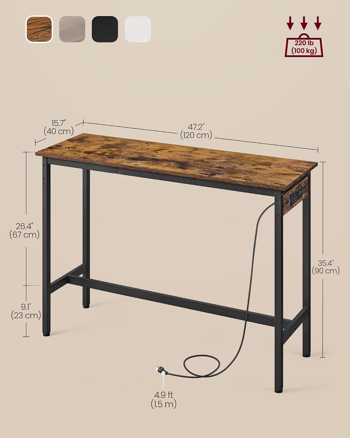 VASAGLE Bar Table with Power Outlets, Computer Desk, 47.2" W