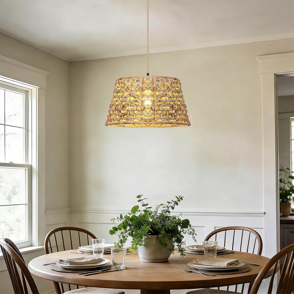 rattan pendant light, 15.8" boho wicker chandelier, hand-woven, side view