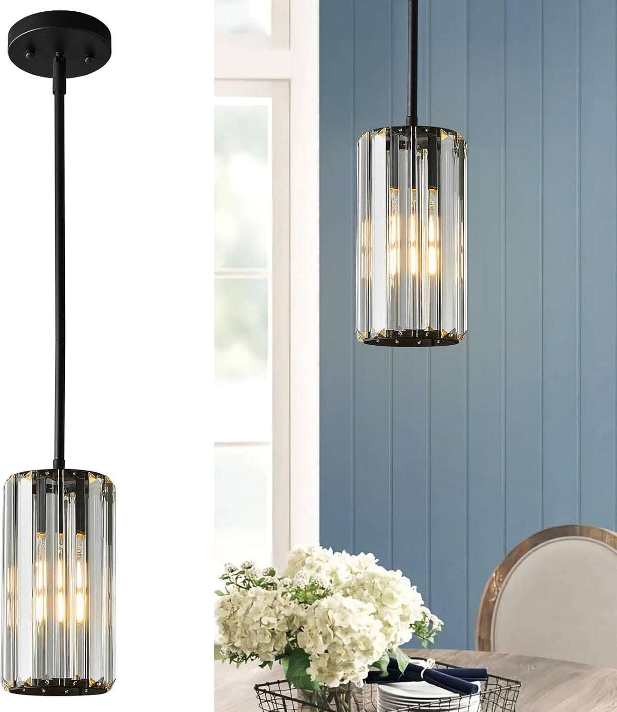 Black Pendant Lighting Modern Pendant Light Mini Crystal Chandeliers Adjustable Pendant Light Fixture for Kitchen Island Dinning Room Corridor Bedroom(Black 1-Light)