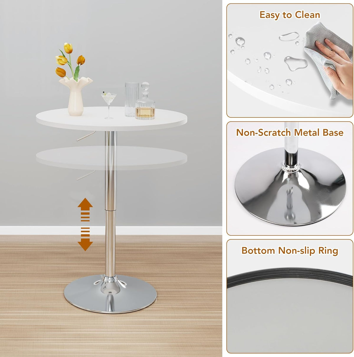 NOBPEINT Round Pub Table, Height Adjustable Bar Table 27-36 inches, 360 Swivel Table Top, White
