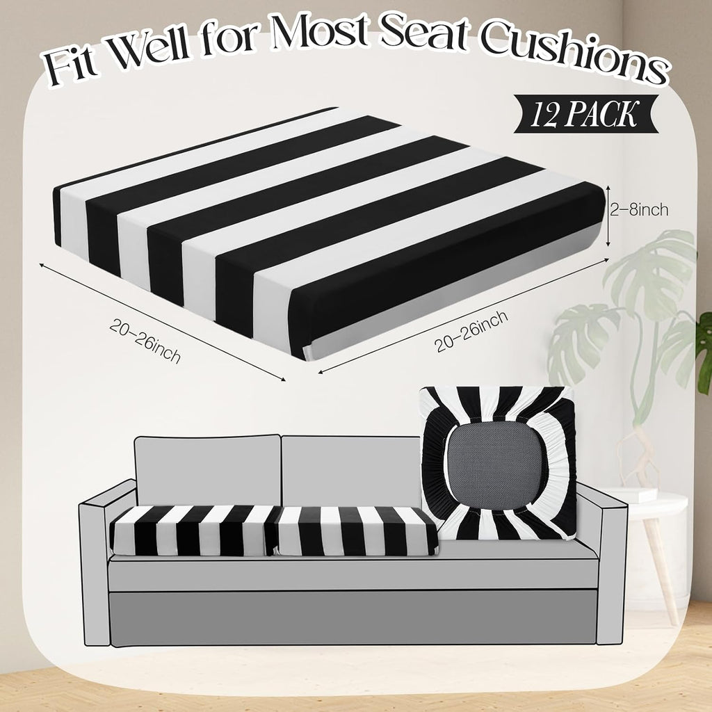 Newwiee 12 Pc Patio Stretch Cushion Covers,Black White,Stripes