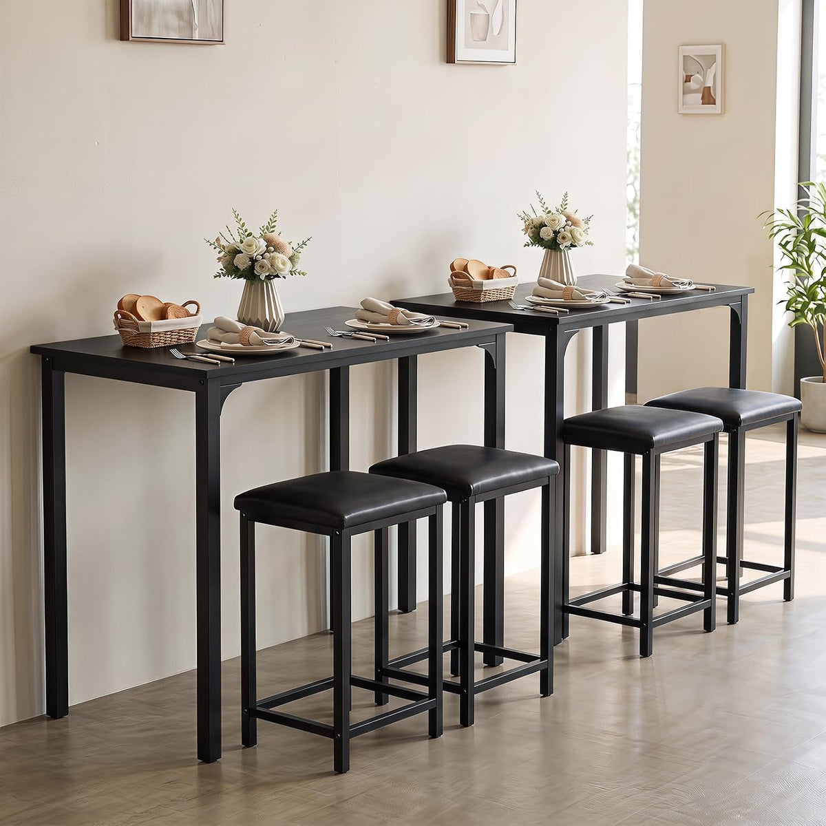 COSTWAY Dining Table Set, Counter Height Table & 2 Upholstered Stools