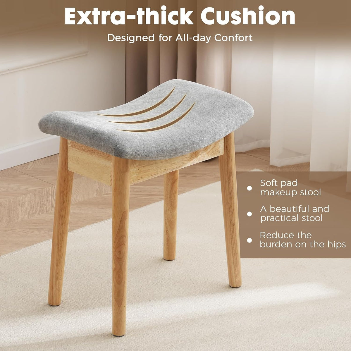 18" Small Vanity Chair Ottoman Bench Saddle Cushion Linen LightGray