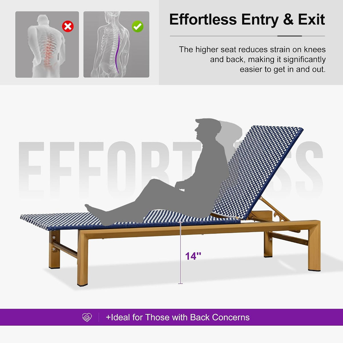 PURPLE LEAF Extra Wide Patio Lounge Chair Resort Wicker Set of 2, Navy