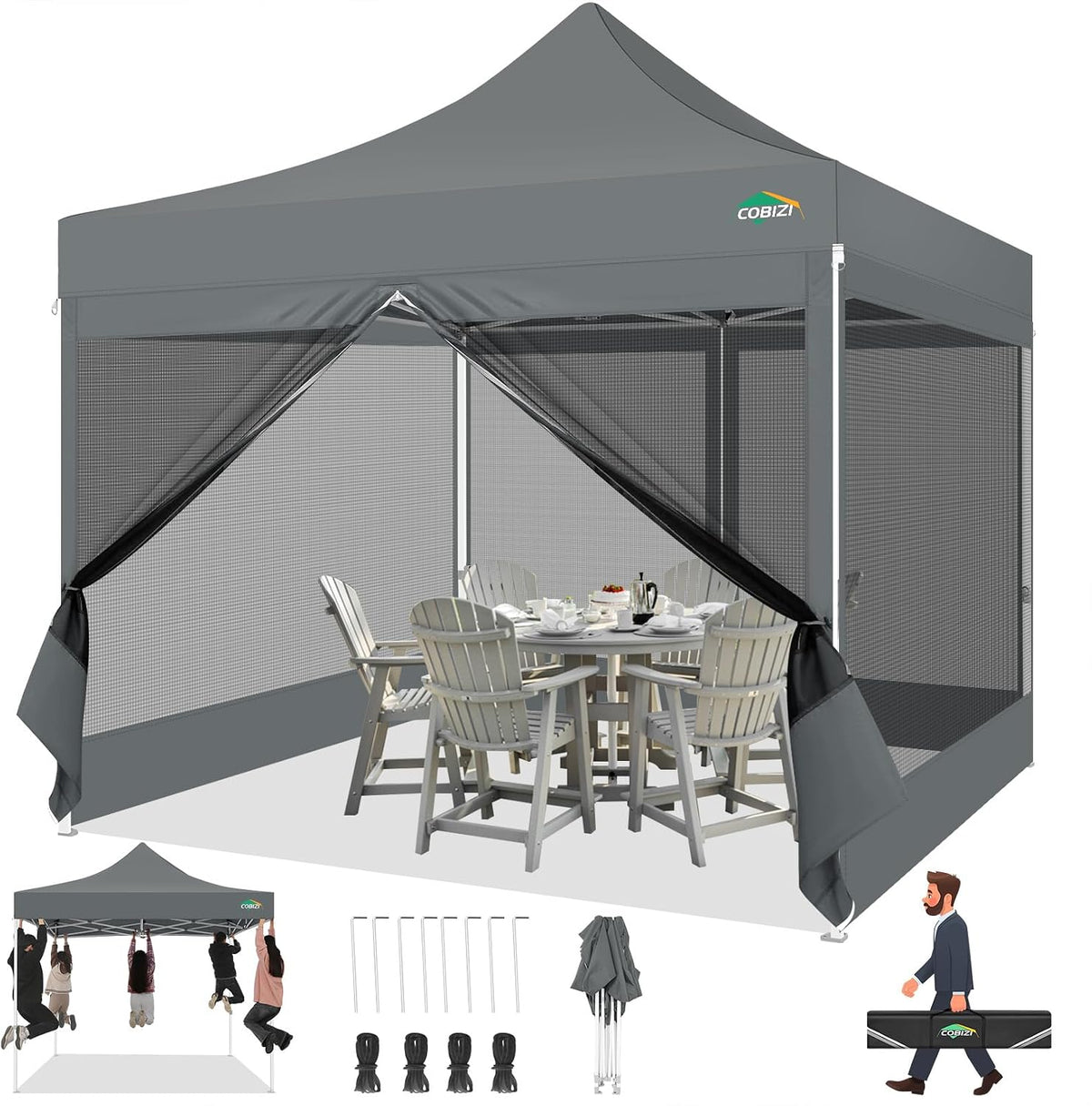 COBIZI 10x10 Heavy Duty Pop Up Canopy Tent with 4 Mosquito Netting Walls