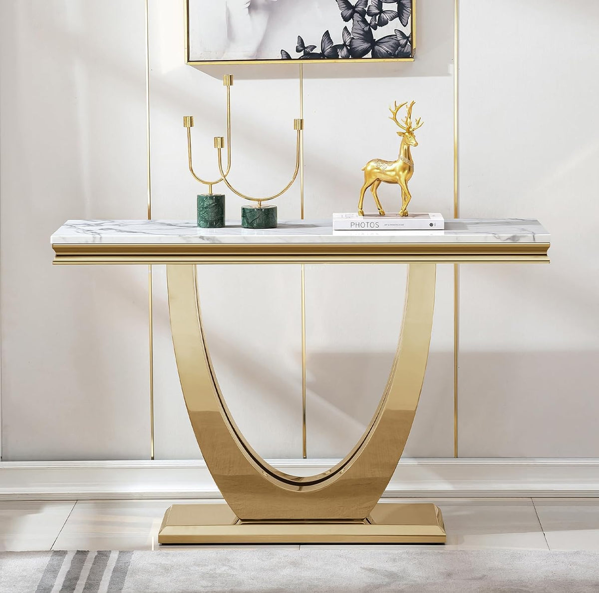 46.85" White Marble Console Table for Living Room, Faux Marble Sofa Table with Stainless Steel U-Base, Mid Century Modern Console Tables, Luxury Gold Long Narrow Entryway Hallway Tables
