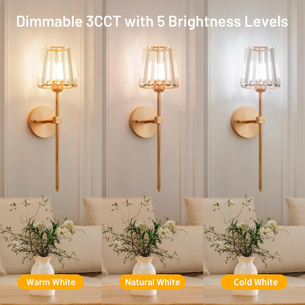 Crystal Battery Operated Wall Sconces Set of 2, Gold Sconces Wall Decor