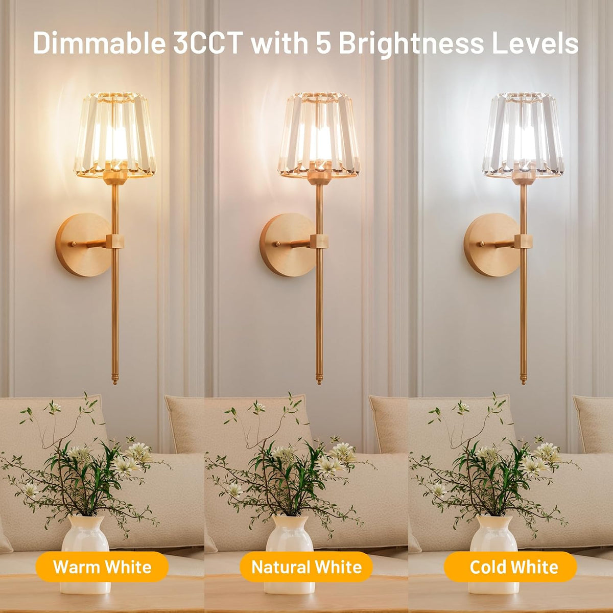 Crystal Battery Operated Wall Sconces Set of 2, Gold Sconces Wall Decor