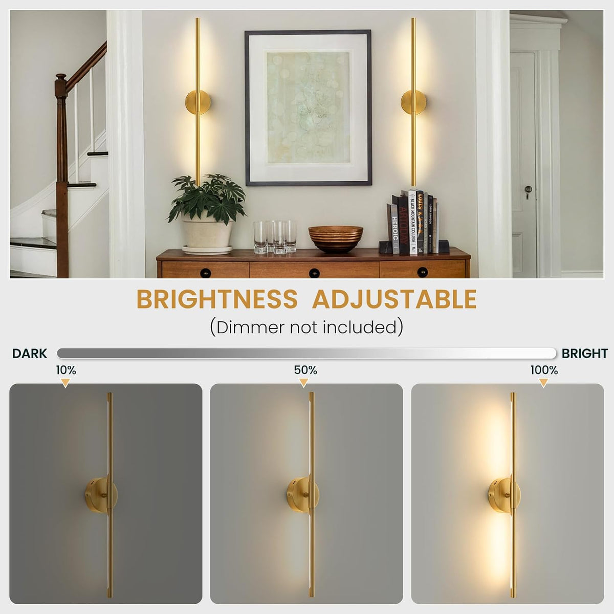 Lightania Hardwired Wall Sconces Set of Two, 28'' Modern Gold LED Wall Lights, 360° Rotatable, 2700K-5000K Adjustable, 3CCT Dimmable Wall Sconce Light Fixture for Living Room Bedroom Hallway, ETL