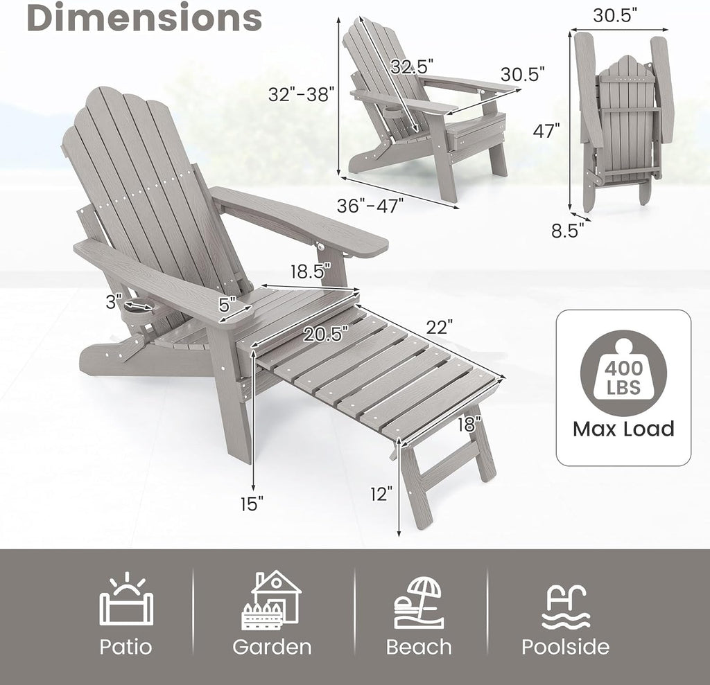Giantex Folding Adirondack Chair, All-Weather Lounge Chair with Adjustable Backrest, Retractable Ottoman, Cup Holder, HIPS Fire Pit Chair for Lawn, Pool, Patio, Porch (2, Gray)