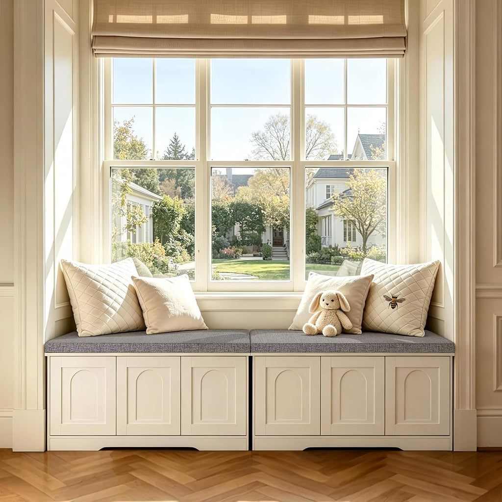 DINZI LVJ Shoe Storage Bench with Cushion, Door, White 39.4" LX17.7 H