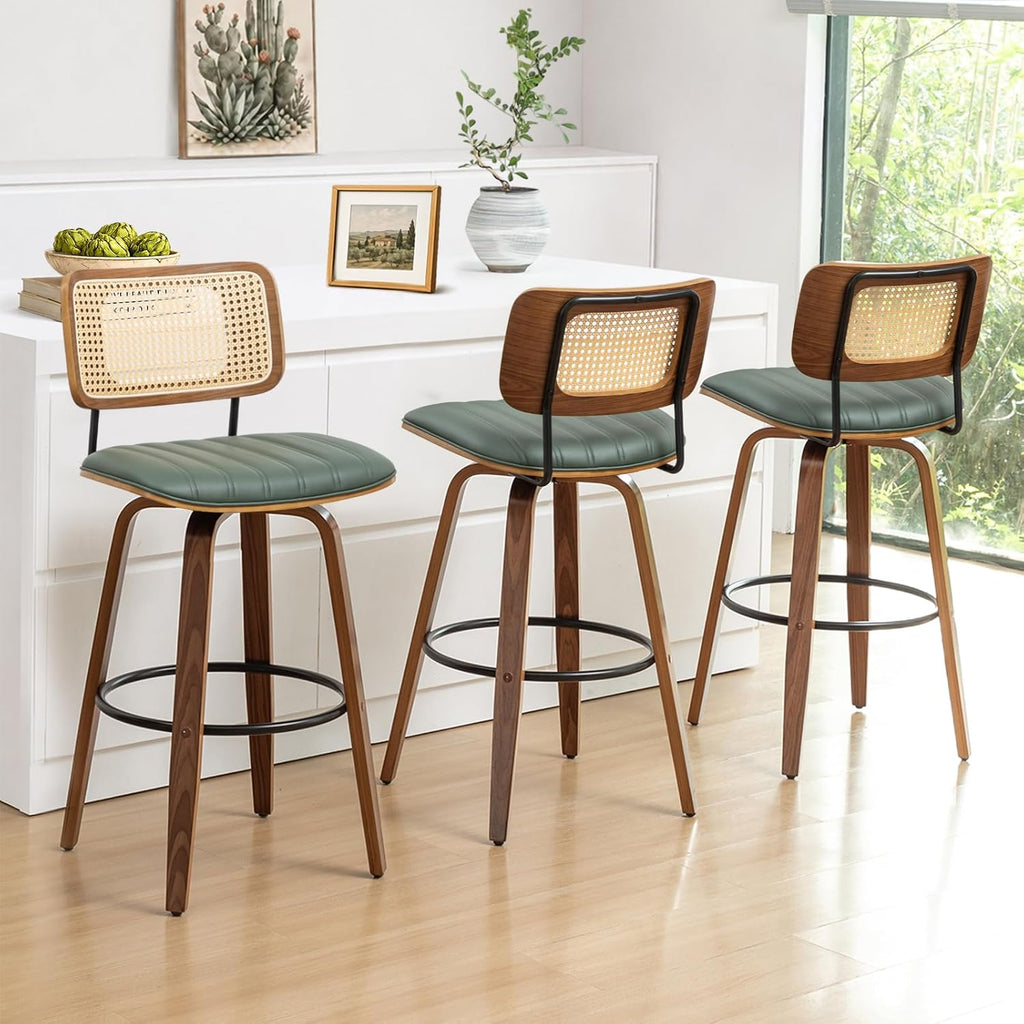 Rattan Swivel Bar Stools, Mid Century Bar Stools with Walnut Craftsmanship