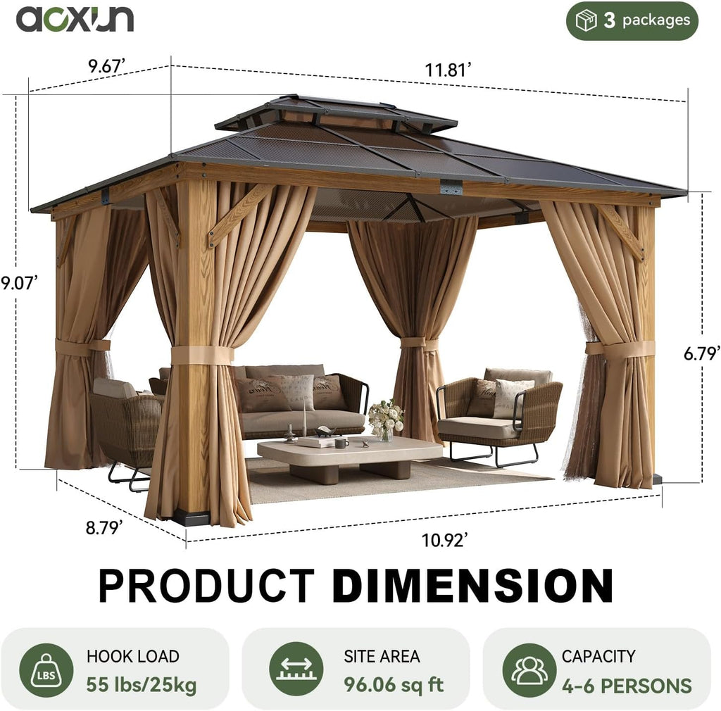 Aoxun 10' x 12' Wood Gazebo with Double Polycarbonate Roof, Natural