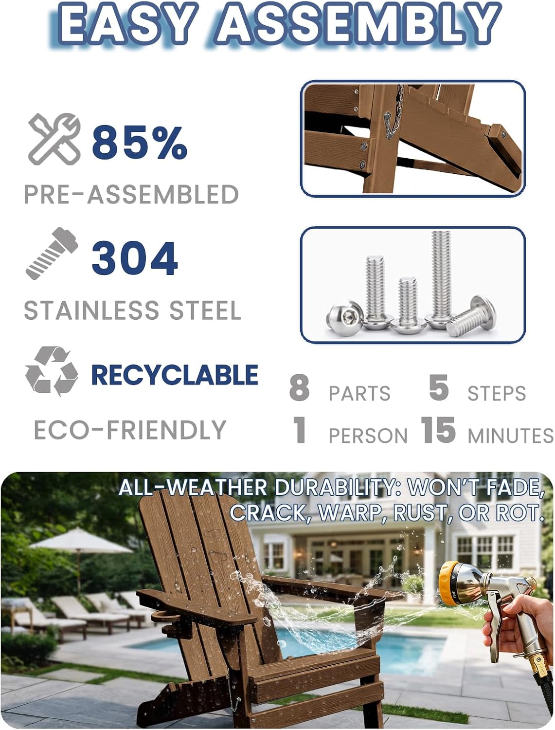 folding adirondack chair with 2 cup holders, hdpe, package contents