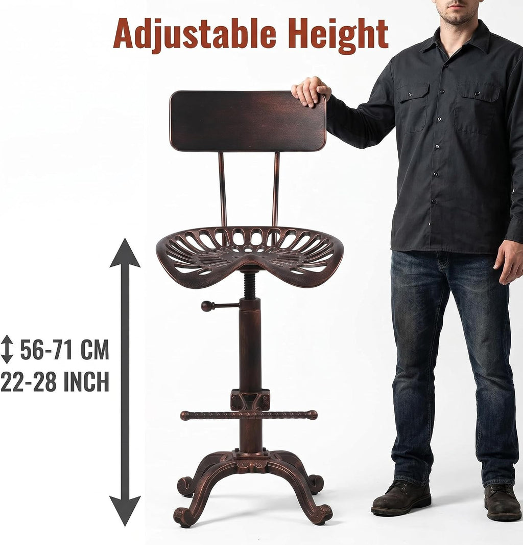 Industrial Design Metal Adjustable Height Backrest Chair Vintage Tractor Saddle Bar Stool Copper