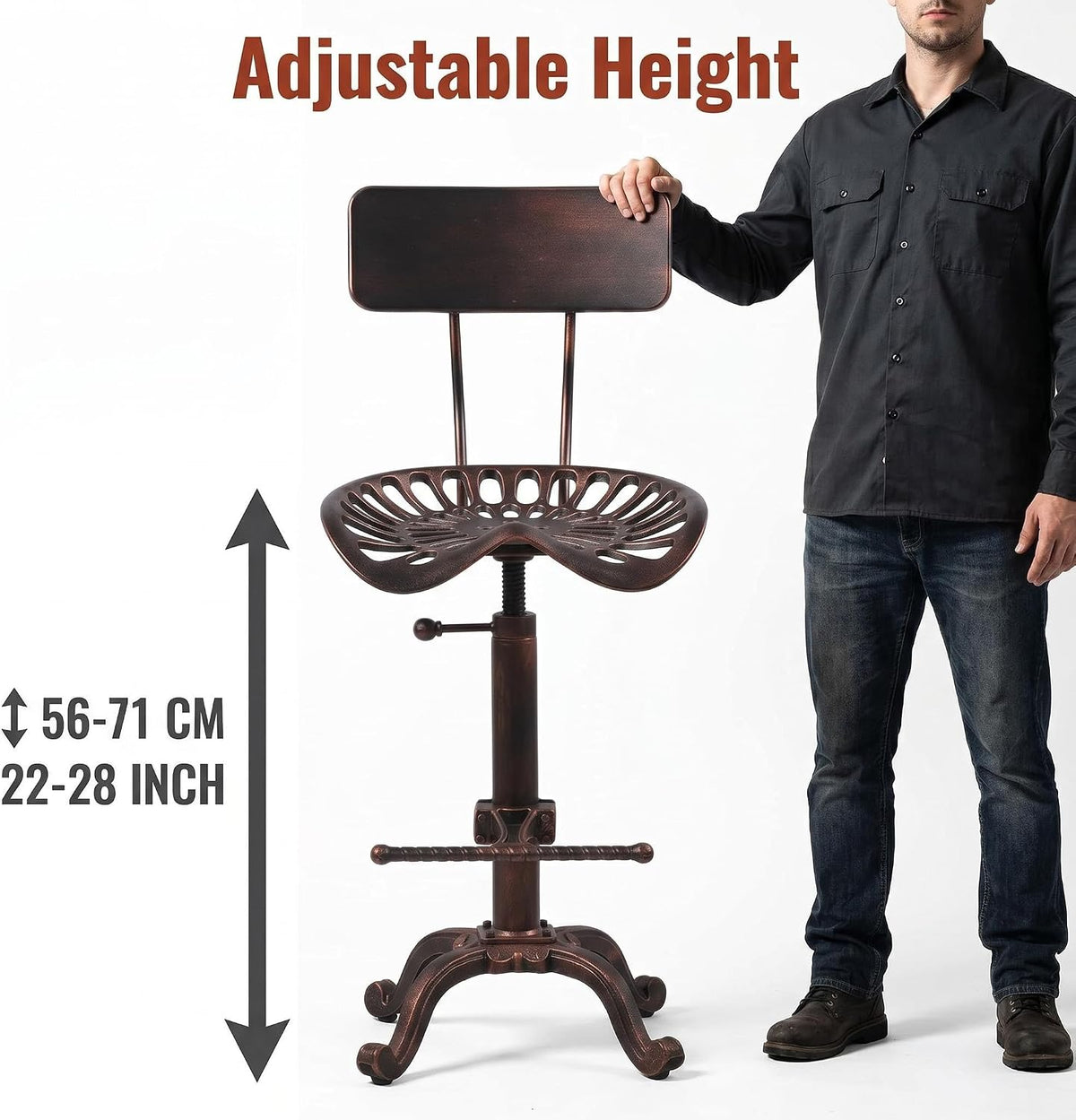 Industrial Design Metal Adjustable Height Backrest Chair Vintage Tractor Saddle Bar Stool Copper