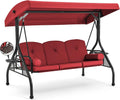HOMREST 3 Seat Porch Swing with Adjustable Canopy, Patio Swing with Stand