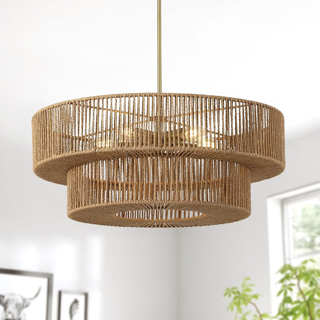 22" boho rattan chandelier, 5-light gold pendant light, view 9