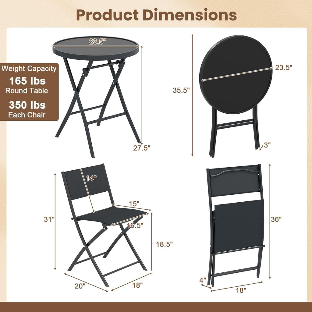 Tangkula 3 Piece Folding Bistro Set, Metal Frame Round Table & Chairs