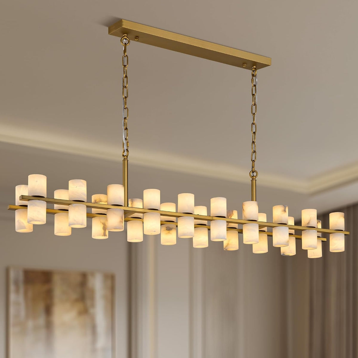 Alabaster Rectangular Chandelier for Dining Room, L54in Modern Chandeliers, Adjustable Marble Pendant Light Fixture, Rectangle Chandelier for Dining Table Living Room Kitchen Island(Brass)
