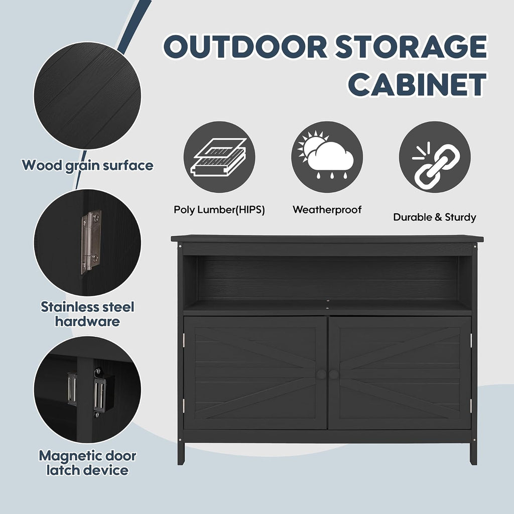 HIPS All-Weather Outdoor Storage Cabinet,Outdoor Sideboard with Magnetic Doors,3-Shelves Patio Storage Cabinet, Used for Garden,Buffet Cabinet,TV Stand, Bar Table,Balcony