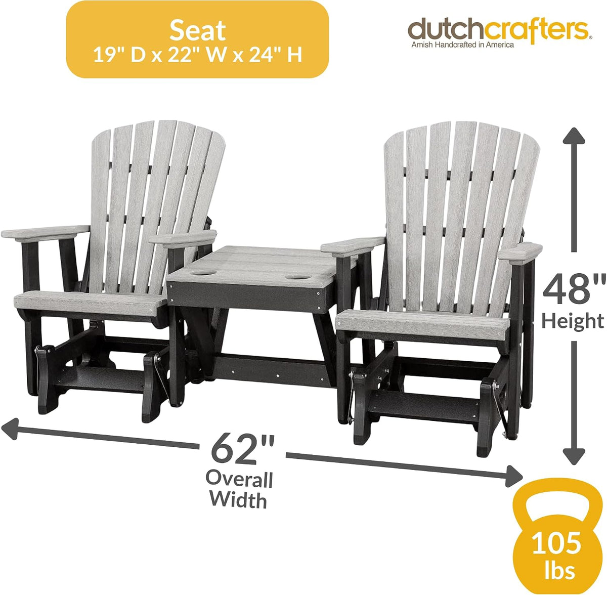 DutchCrafters Slat Fan Back Double Poly Adirondack Glider Outdoor Patio Chairs with Center Table (Black & Aruba Blue)