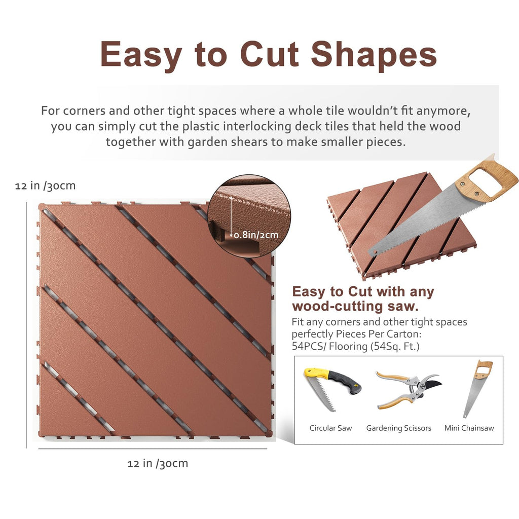EchoDeck Interlocking Deck Tiles,54 Pack Deck Tiles Interlocking Outdoor All Weather,Patio Deck Tiles,12"x12",Diagonal,Sturdy Base,Highly Durable,Stylish,Non-Slip,Faster-Drying,Efficient,Brown
