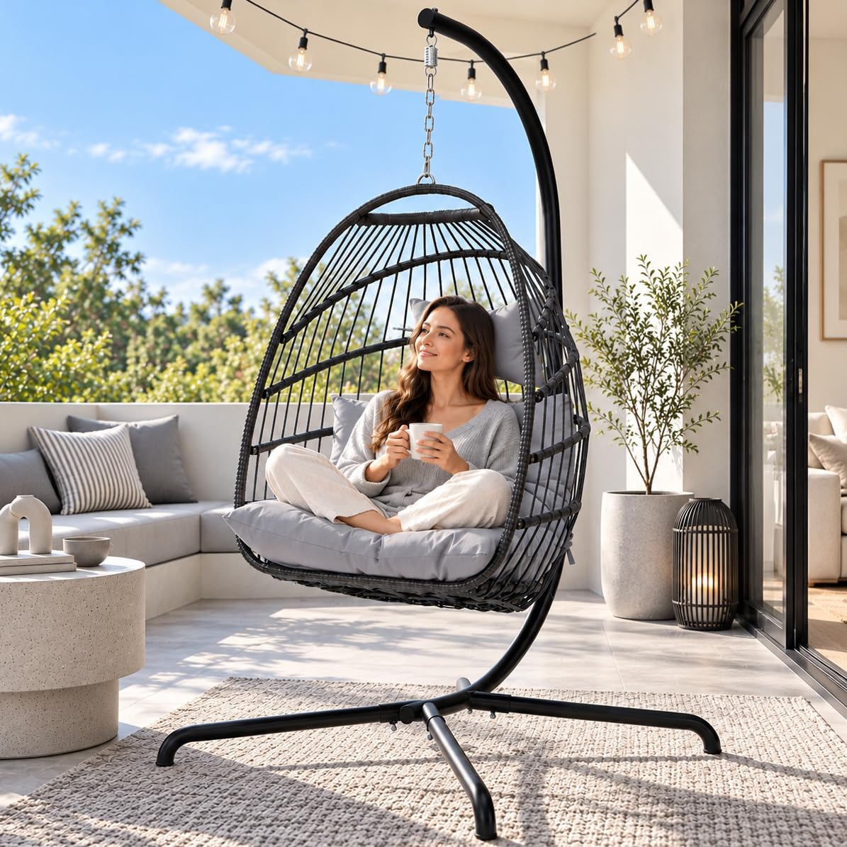 NICESOUL Swing Egg Chair Outdoor Indoor, Patio Wicker Hanging Egg Chairs with Stand, Swinging Hammock with Padded Cushions, 350lbs Sturdy Egg-Shaped Seating for Porch Bedroom Balcony Xmas Gift, Grey