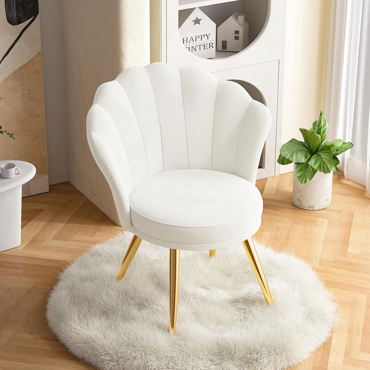 Velvet Accent Chair with Gold Metal Legs, Vanity Chair for Makeup Room, Upholstered Guest Chair for Living Room, for Bedroom, White