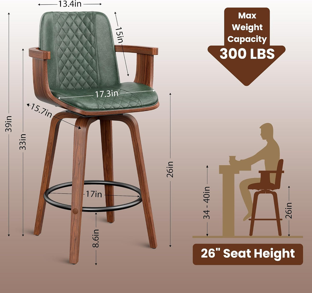 YaFiti Bar Stools Set of 2, 26" Bentwood Counter Stools with Arms, Green