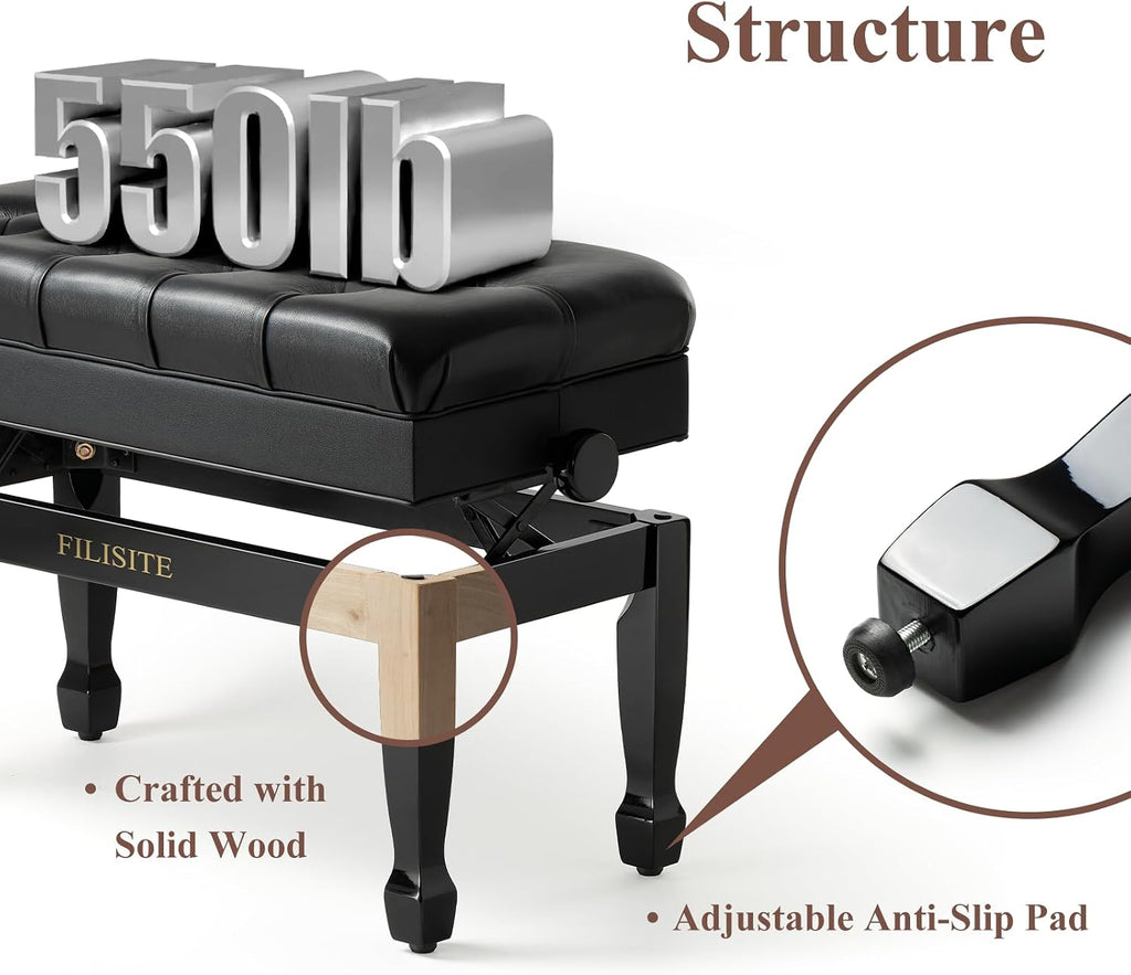 Genuine Leather Duet Piano Bench with Storage,Adjustable Heavy Duty Wooden Double Keyboard Seat XHJ-11G(Black)