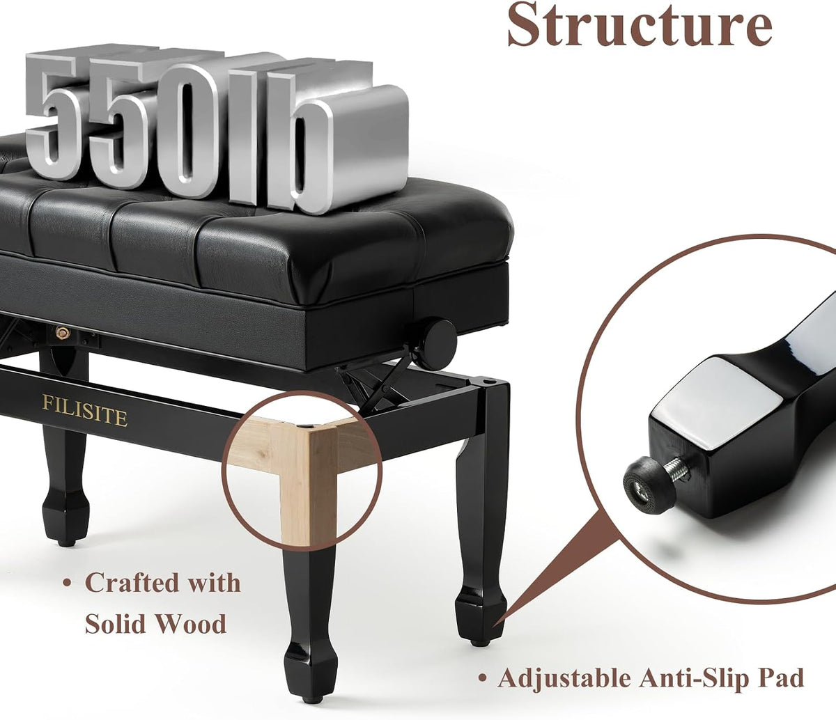 Genuine Leather Duet Piano Bench with Storage,Adjustable Heavy Duty Wooden Double Keyboard Seat XHJ-11G(Black)