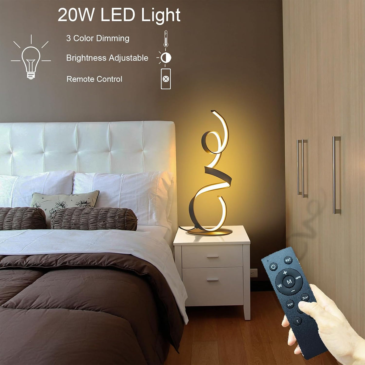 20W 3 Colors Remote Control Dimmable LED Art Table Lamp 21.4 Inch with Touch Switch for Living Room,Bedroom (Black)