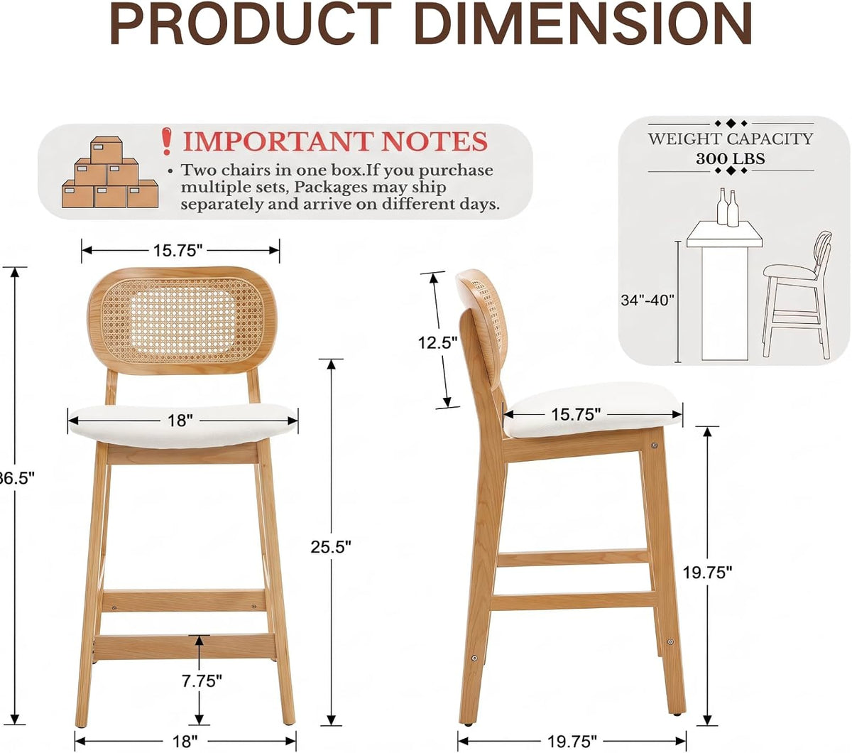 EALSON Rattan Counter Height Bar Stools Set of 3 Modern Farmhouse Barstools with Cane Backs 26 Inch Wood Counter Stool Breakfast Upholstered Bar Chairs for Kitchen Island, Leather White