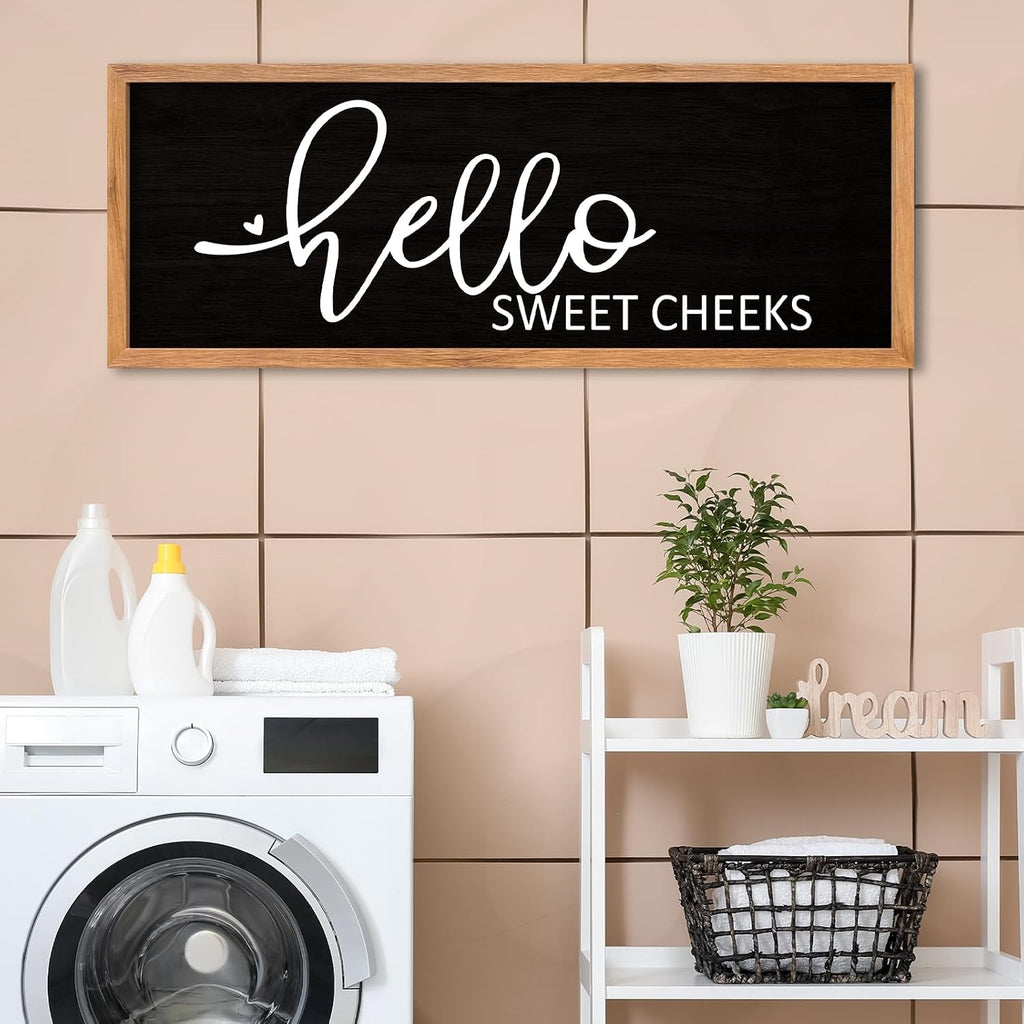AuraPeak Hello Sweet Cheeks Bathroom Wall Decor, Wood Black, 40"×15"