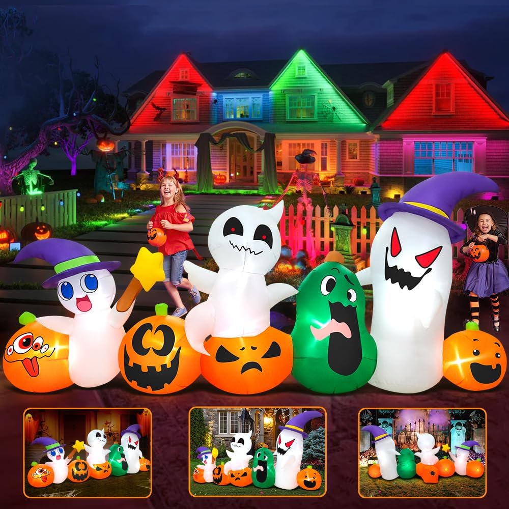 8 FT Halloween Inflatables Blow up Outdoor Decoration, Inflatable Ghost with Pumpkin Led Light Inflatables Outdoor Decor Blow up Inflatables for Holiday Party Lawn Yard Garden Décor