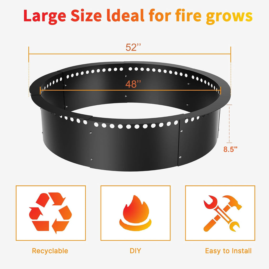 Smokeless Fire Pit Ring, 52-Inch Outer/48-Inch Inner Heavy Duty Large Solid Metal Steel Flower Shape Firepit Rim Insert for Outside Wood Burning, DIY Campfire Ring