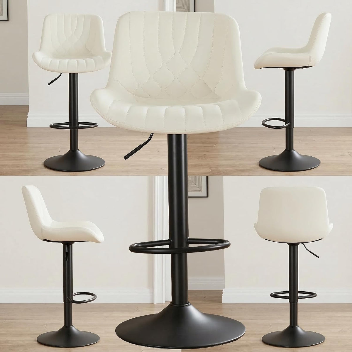 Bar Stools Set of 2, Swivel Adjustable Barstools with Backs, Beige