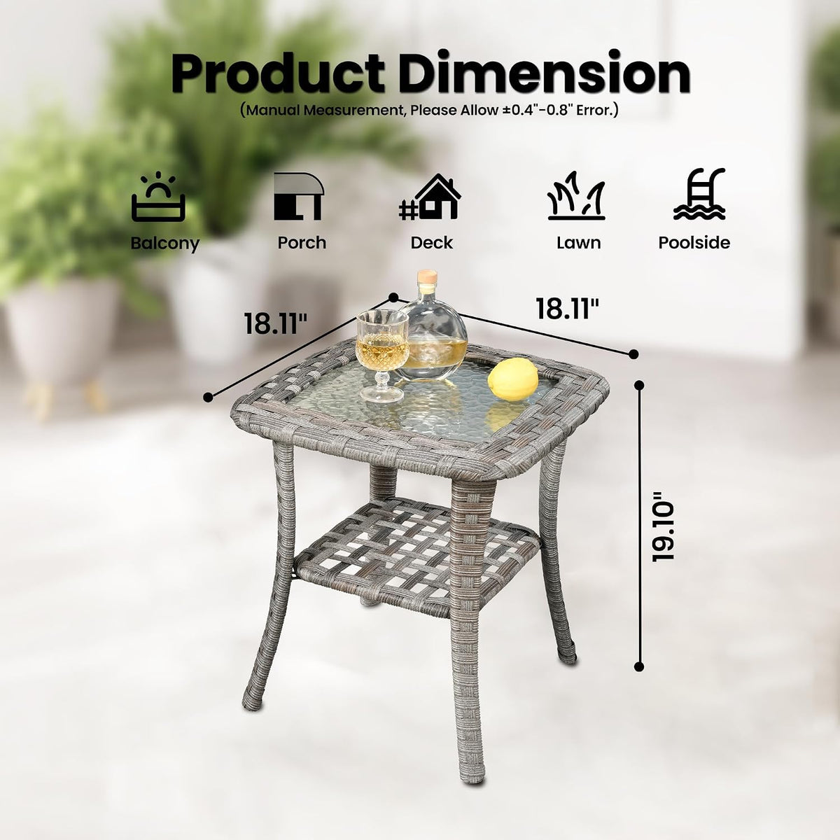 ovios Outdoor Side Table with Tempered Glass Top, Patio Wicker Rattan Bistro Coffee Tables with 2 Tiers Storage for Porch Deck Balcony Garden Poolside, Light Grey