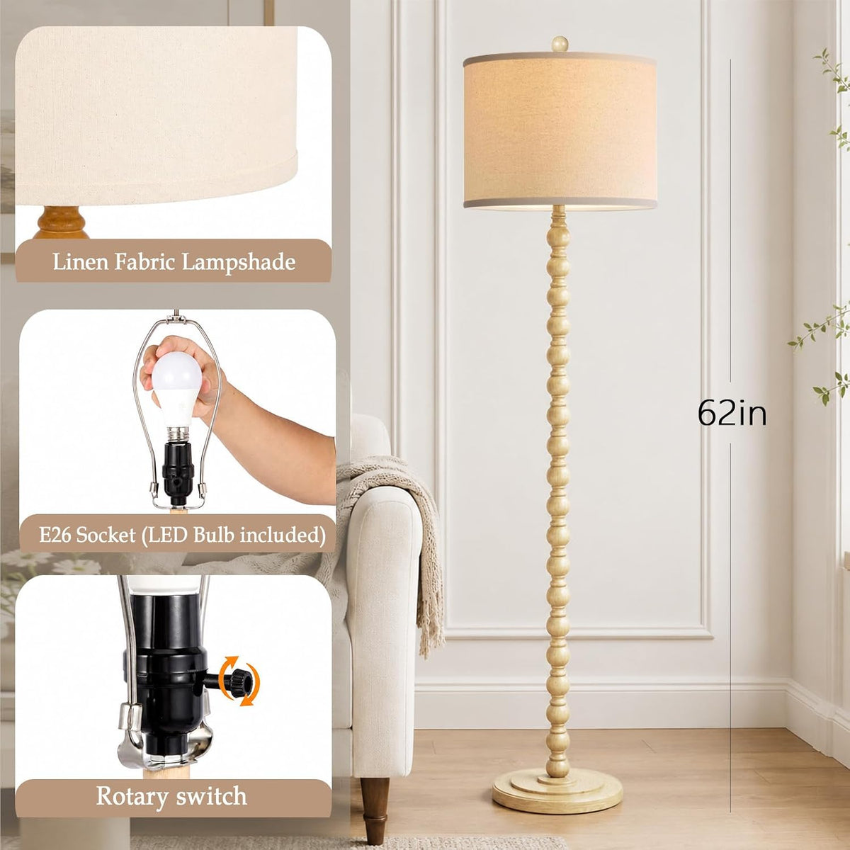 Farmhouse Floor Lamp for Living Room, Tall Standing Lamp with 9W LED Bulb