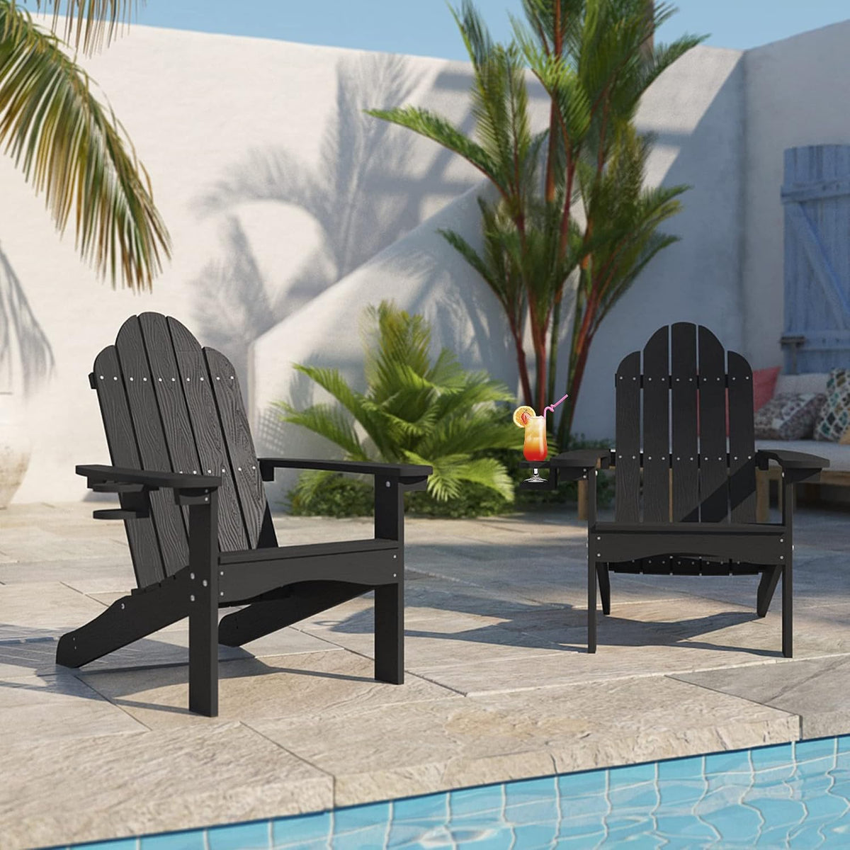 LUE BONA HDPS Outdoor Adirondack Chair, Cup Holder, Black