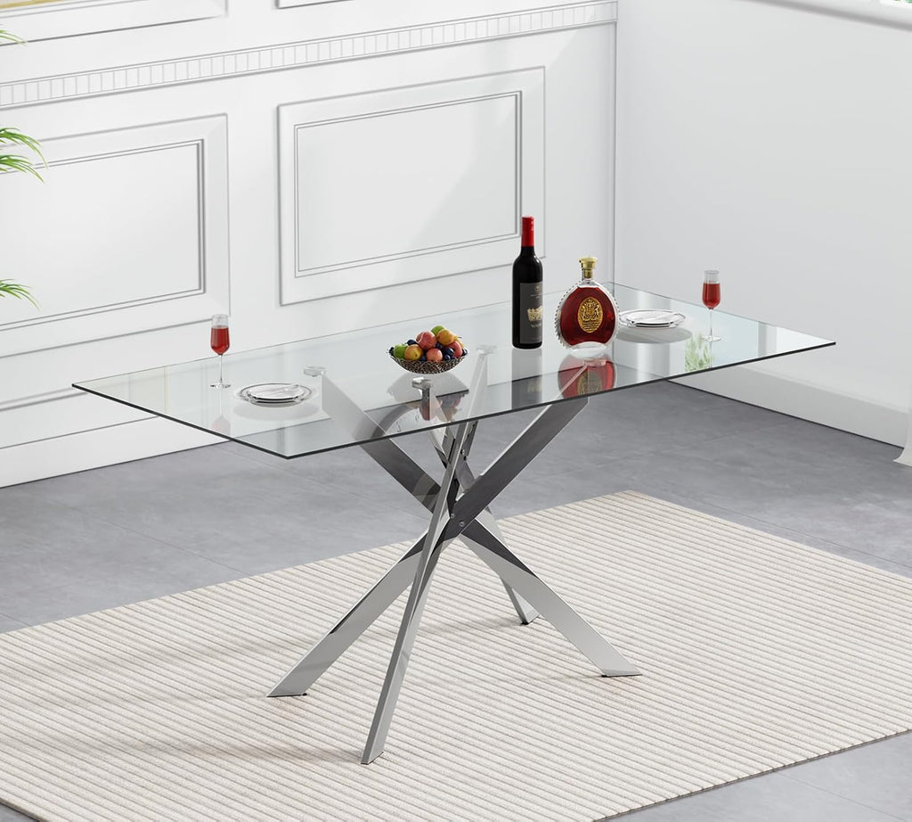 SSLine Modern 5-Piece Silver Glass Dining Table Set for 4, 51" Long Rectangle Glass Kitchen Table with 4 Grey Tufted Chairs for Kitchen Home Office