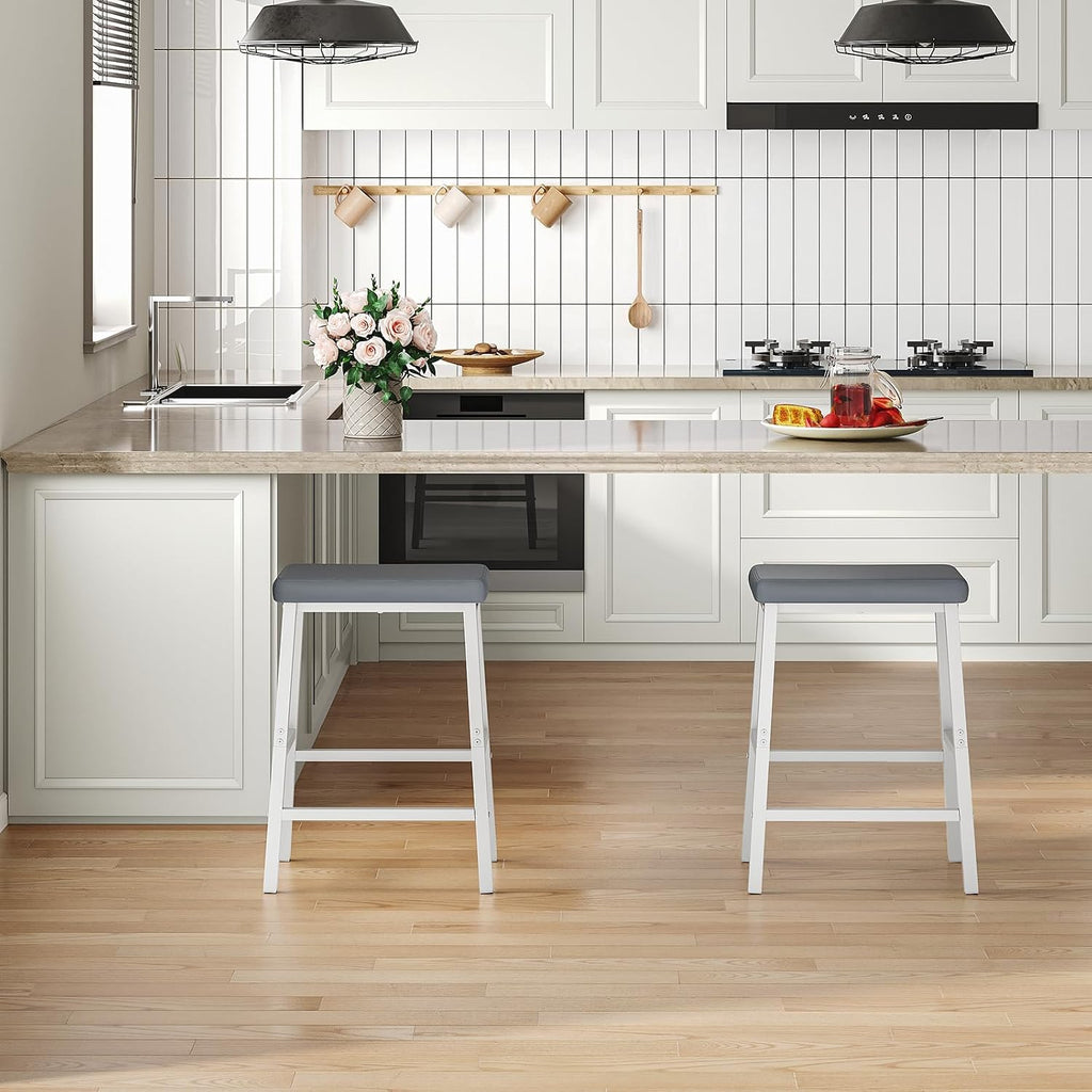 HOOBRO Bar Stools, Set of 2 Bar Chairs, Counter Height Bar Stools, 24 Inch Barstools for Kitchen Counter, PU Upholstered Kitchen Stools, for Kitchen, Bar, Dining Room, White and Gray WG01MD01