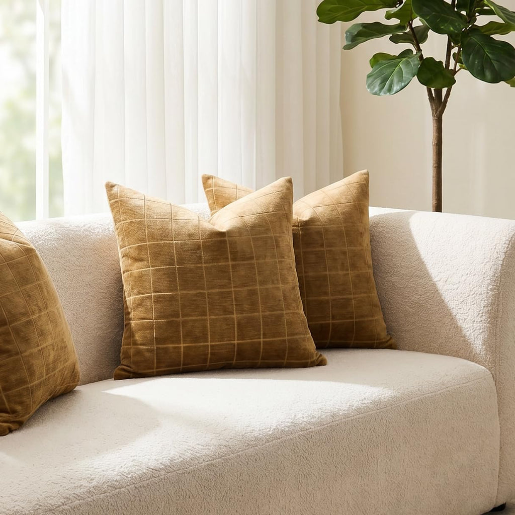Neelvin Set of 2 Chenille Throw Pillow Covers 26x26inch Modern Large Grid Checkered Decorative Pillowcases Soft Textured Neutral Farmhouse Cushion Covers for Couch Sofa Bed Living Room Toffee