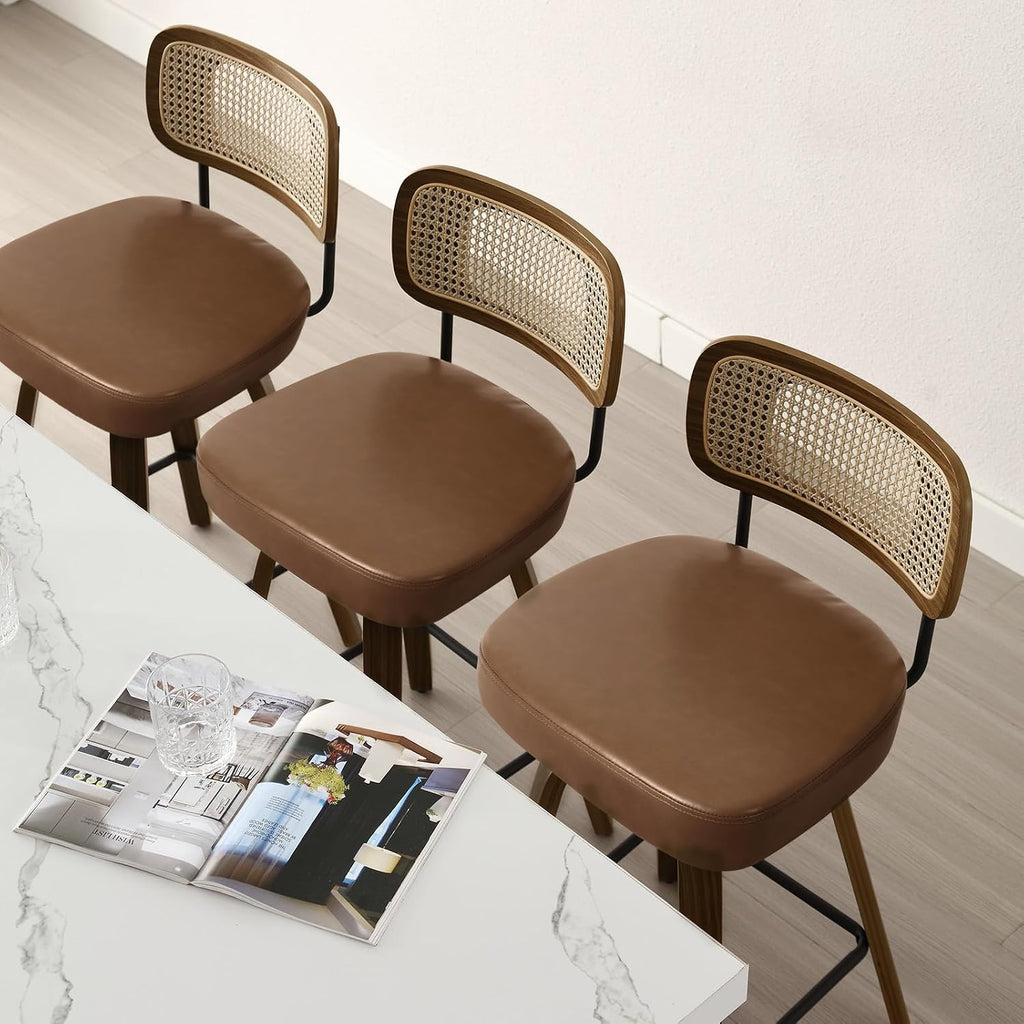Bekrvio Swivel Bar Stools Set of 4, Upholstered Faux Leather Barstools with Rattan Back, 29" Seat Height Bar Chairs for Kitchen Island, Bentwood Wood Frame, Brown