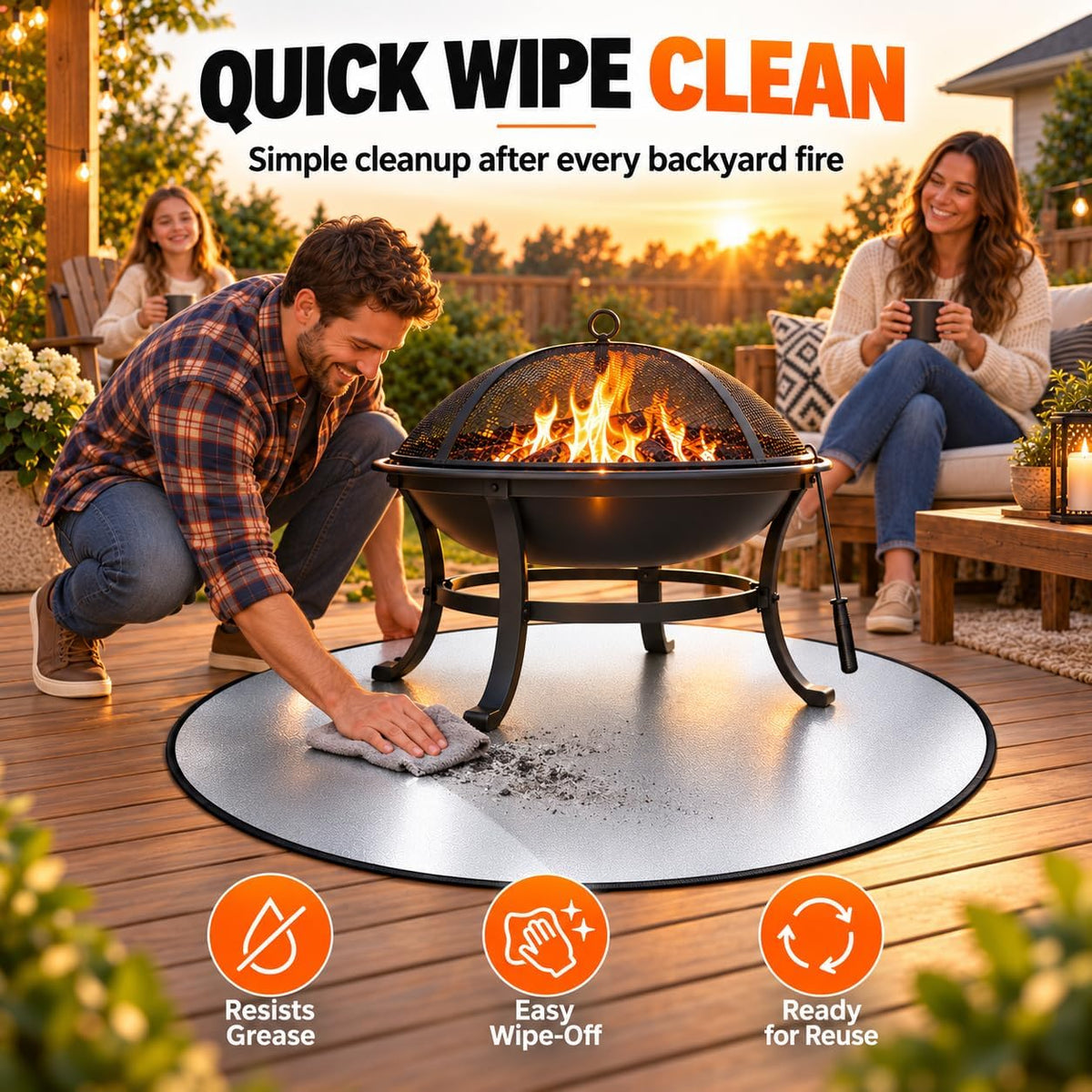 FLASLD 38 Inch Fire Pit Mat, 3-Layer Reflective Heat Barrier for Fire Pits